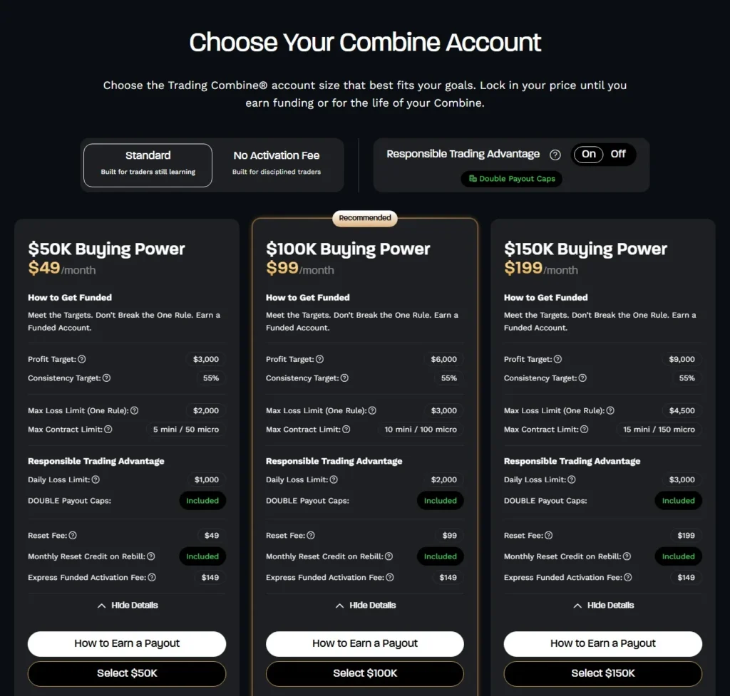 Topstep公式サイトのTrading Combineの料金・ルール表（Standardパスを選択した状態。2026年10月12日撮影・英語ページ）